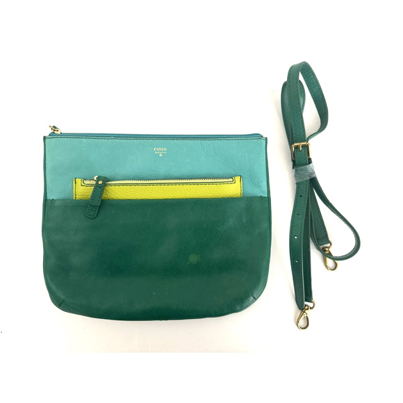 Fossil Crossbody Bag Green Blue Leather Top Zip Multiple-Pockets Convertible - Picture 1 of 16